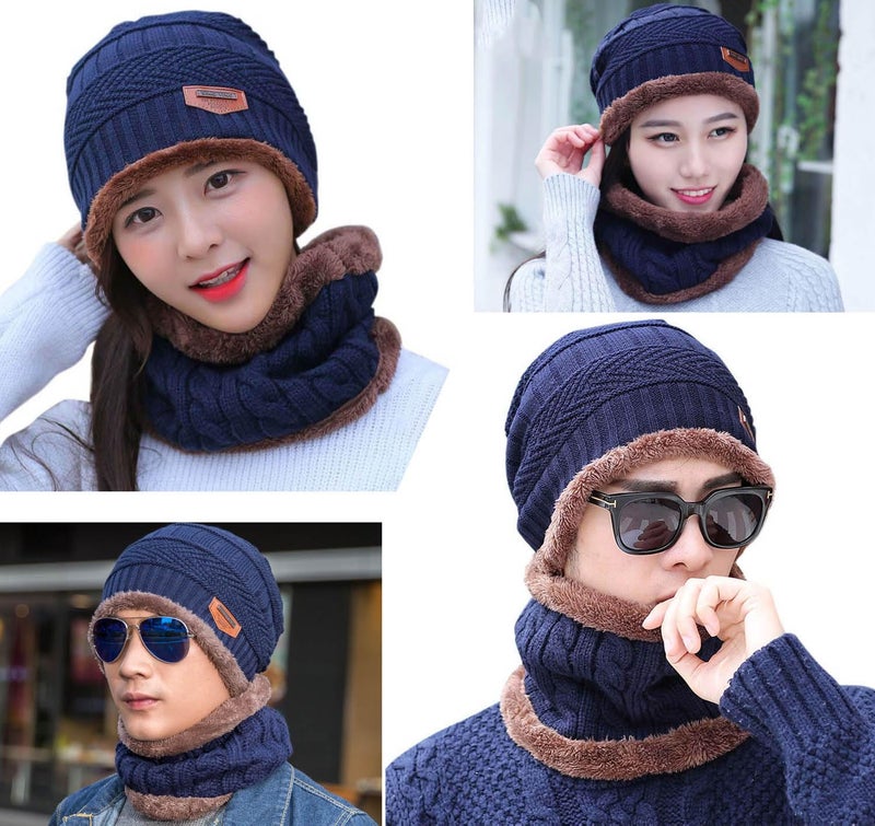 HINDAWI Slouchy Beanie Scarf Gloves Set for Women Men Warm Skull Cap Scarves Touch Screen Mittens Navy - Image 2
